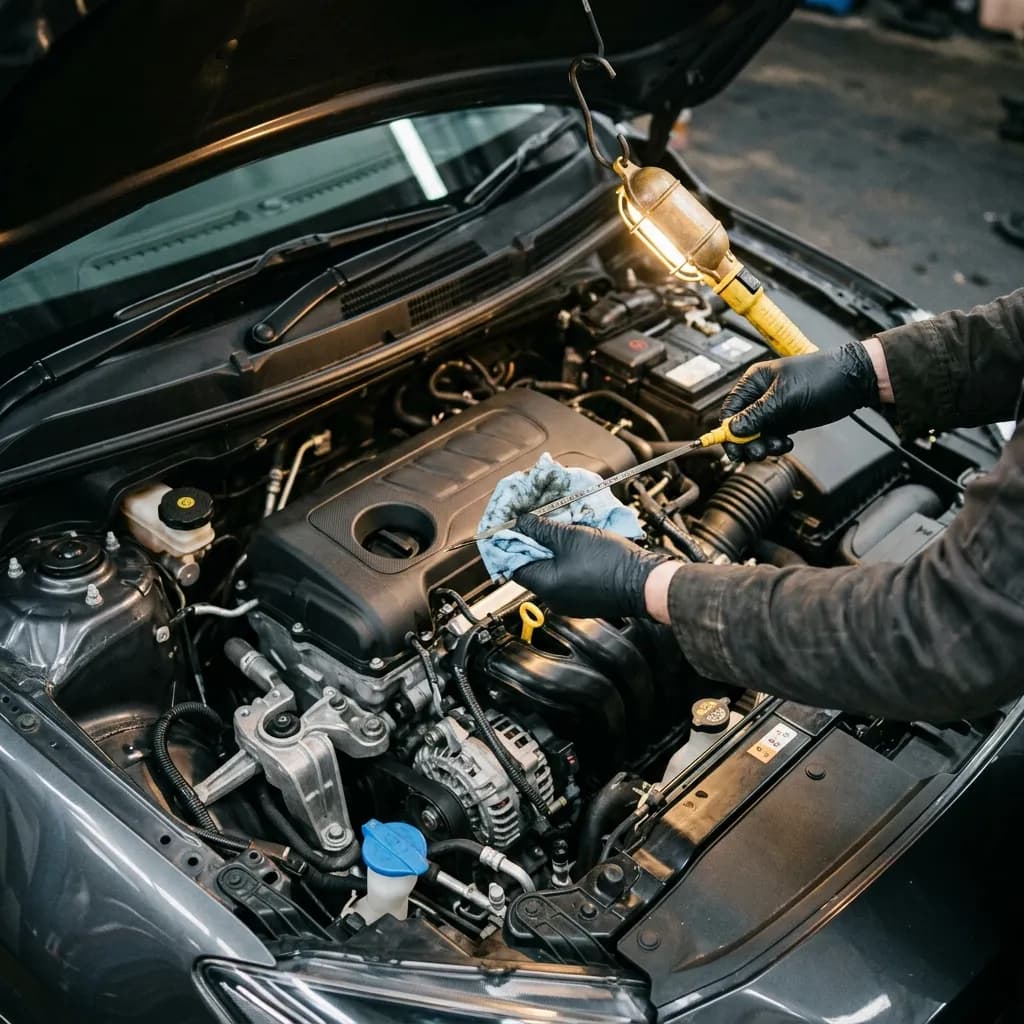 Mãos de mecânico a verificar o motor, sem rostos
