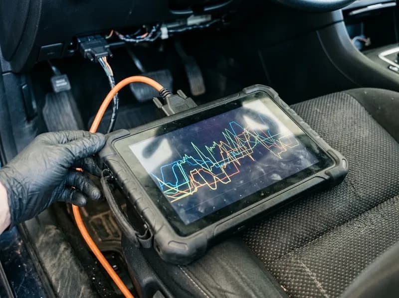 Tablet de diagnóstico ligado à ficha OBD de um carro