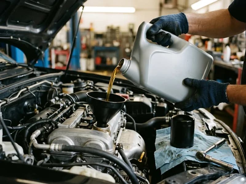 Óleo de motor novo a ser deitado durante uma revisão